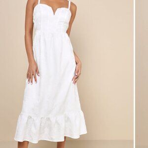 White Floral Jacquard Midi Dress with Pockets